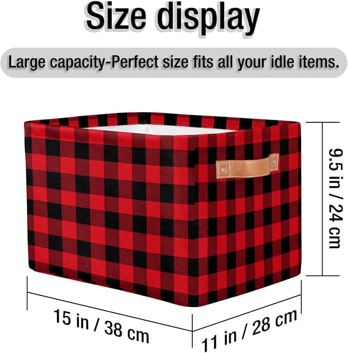 Buffalo Plaid Storage Bins Christmas Theme Storage Nursery Baskets with Handle Collapsible Closet Organizer Waterproof Shelf Boxes for Books Cloth 15x11x9.5 IN