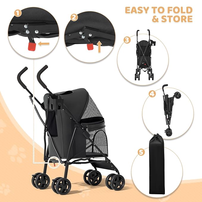Magshion Compact Fold Pet Travel Stroller for Small Dogs Cats, Black | Up to 22lbs, 4-Wheel Lightweight Umbrella Shaped Design, Safety Tethers, Breathable Mesh, Cup Holder & Rear Storage