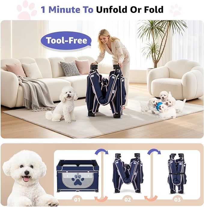 LOOBANI Foldable Whelping Box for Dogs, 1 Min Setup, 43.3"x43.3"x27.1" | Pet Puppy Playpen Indoor With Cover & Waterproof Bottom, Portable Birthing Box For Dog Cat Duck,Sturdy,Patented,Blue+Pink