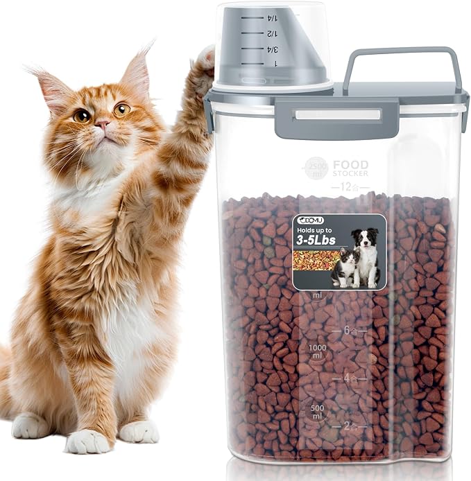 Dog Cat Food Storage Container with Cup (Dark Gray, 2.5L) | Pet Food Pourable Container Airtight with Large Spout, BPA-Free Plastic Food Dispenser for Pet Food, Bird Seed, Rice, Flour