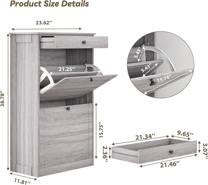 FTZxHKLX Shoe Rack Cabinet 2 Flip Drawers, Entryway Shoe Storage, Wash Grey | Narrow Shoe Cabinet Organizer with Top Drawer, Freestanding Hidden Shoe Organizer for Entryway , Hallway, Foyer