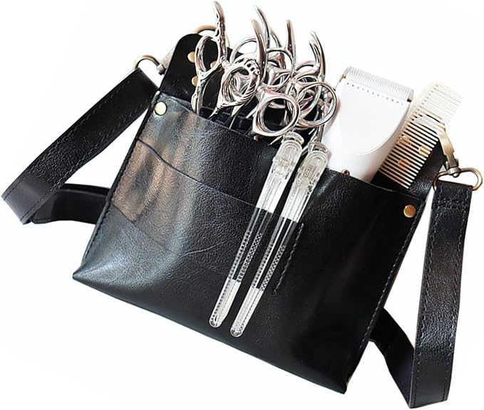 Fabater Retro Barber Scissors Bag, Hairstylist Waist Bag 7-Slot PU Leather Tool Pouch for Scissor Hair Clips Combs Clippers Spray Bottle, Adjustable Crossbody (Black)