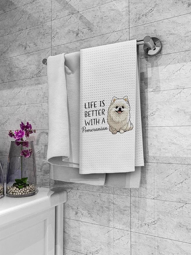 Dibor Life is Better with A Pomeranian Kitchen Towels Dish Towels Dishcloth,Cute Puppy Dog Absorbent Drying Cloth Hand Towels Tea Towels for Bathroom Kitchen,Dog Lovers Girls Women Gifts