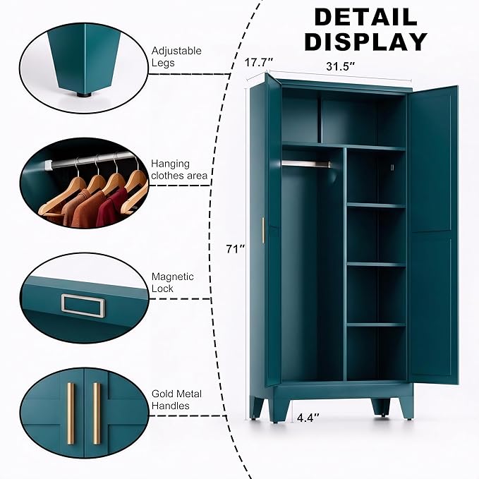 71" H Metal Garage Storage Cabinets,Broom Closet Storage Cabinet,Utility Cabinet,Blue Storage Cabinets