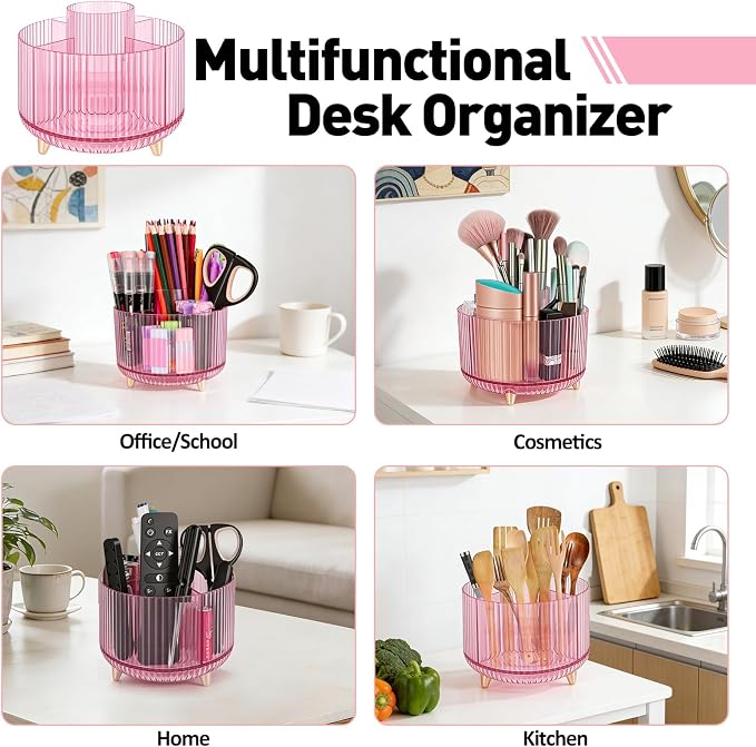 360 Rotating Pen Pencil Holder for Desk, Pen Organizer with 5 Slots | Makeup Brush Holder, Desk Organizer and Accessories, Cute Pencil Cup Caddy for Office School Home Decor Art Supply (Pink)