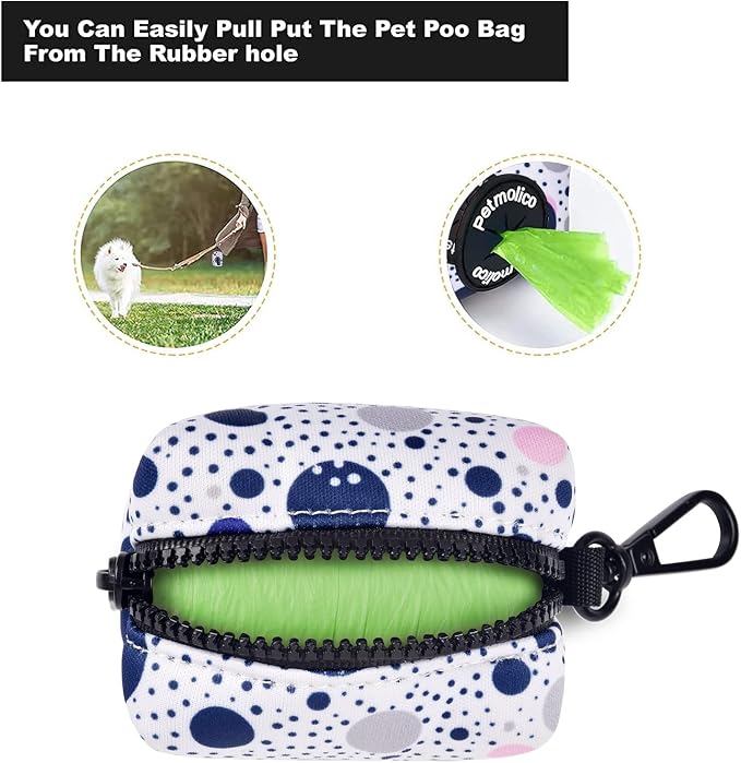 Petmolico Dog Poop Bag Holder Dispenser 2 Pack, Blue Dots | Zippered pouch fits any leash, includes free roll of bags, lightweight & portable for daily walks, travel & outdoor use
