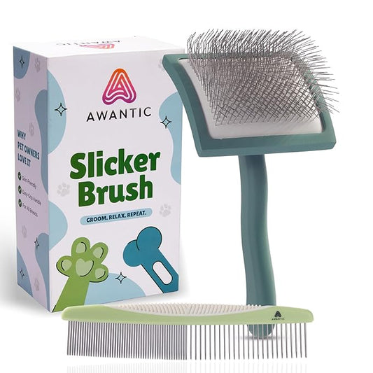 Self- Cleaning Slicker Brush for Dogs Suitable for Short & Long Haired Dogs and Effective Deshedding for Pet Grooming, Undercoat Removal, Tangle-Free Fur (Green Brush + Comb)