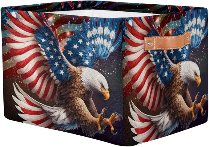 Pardick Basket Storage Bins American Flag Eagle Rectangle Cube Basket Box Kids Girls Boys Toys Organizer Beaket Decor Foldable with Handle for Living Room Bedroom Closet Nursery Office Shelf Gifts