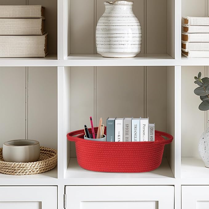 Small Baskets for Gifts Empty, 13"x 9"x 5" Woven Gift Basket with Bag and Ribbon, Cotton Rope Kids Dog Cat Toy Bin Box, Cute Baby Nursery Organizer, Decorative Storage with Handles, Red