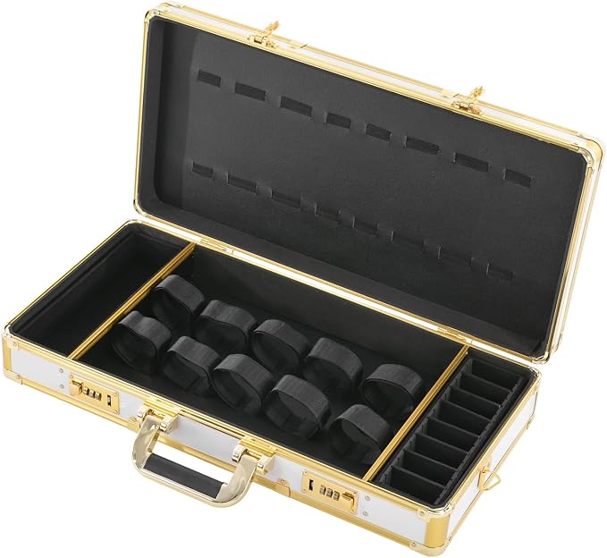 Barber Case, Professional Barber Travel Carry Cases for Clippers and Supplies Storage, Hair Stylist Tool Kits Organizer Beauty Salon Barber Box with Shoulder Strap & Code Lock (White&Gold)