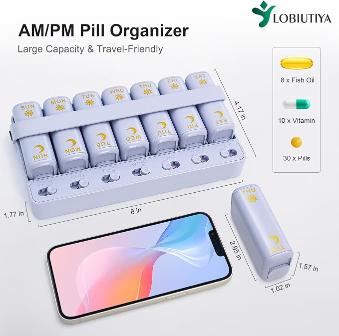 Weekly Pill Organizer 2 Times a Day, AM PM Travel Pill Organizer 7 Day for Vitamin Medicine Supplement Fish Oil, Blue Twice a Day Medicine Pill Box with a Rotatable Handle