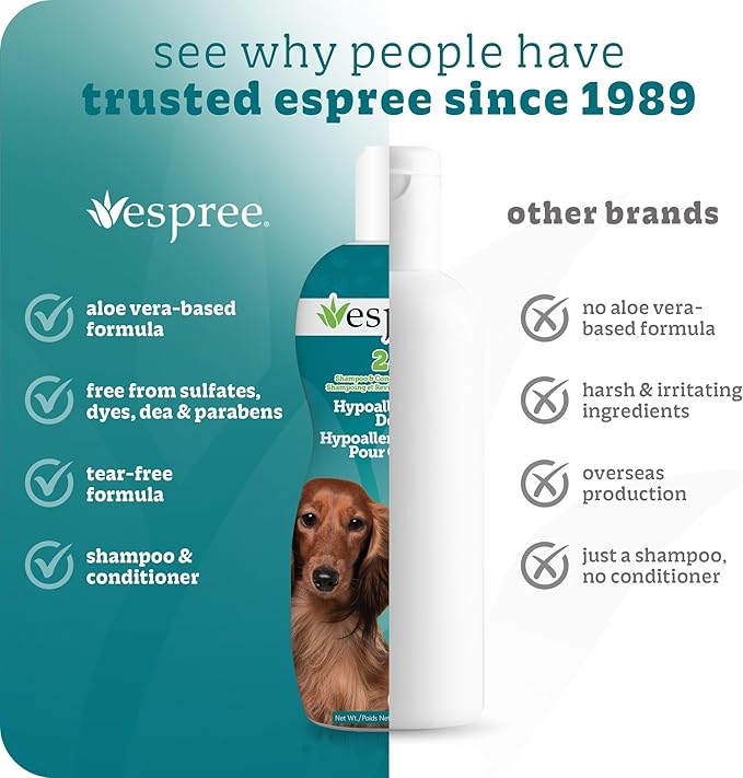 Espree Hypoallergenic Dog Shampoo & Conditioner, Dog Grooming Supplies, Tearless Formula with Aloe Vera, Made Without Sulfates, Parabens, Harsh Chemicals and Dyes, Safe for Sensitive Skin, 20oz