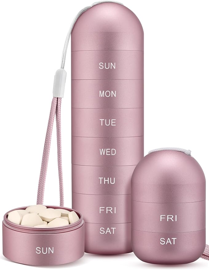 Zannaki Metal Moisture Proof Weekly Pill Organizer, Stackable Aluminum Alloy BPA Free Travel Hiking 7 Day Pill Box Case Waterproof and Large Compartment to Hold Pills, Vitamins, Fish Oil, Supplements