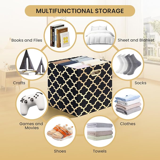 Posprica 11x11x11 Storage Cube Bins, Collapsible Storage Bins Fabric Storage Cubes Organizer Baskets Box Drawers for Shelves, Closet, Wardrobe, Bookshelf, Cabinet (Set of 4, Black/Gold lantern)