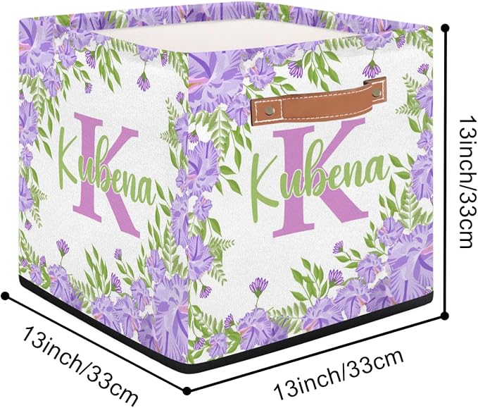 Personalized Initial-Name Purple Flower Storage Baskets for Girls Women, Custom Portable Square Storage Bins with Handles Foldable Organizer for Clothes, Toys, Blanket, Towel,Pet 13”