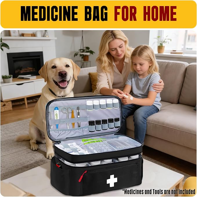 2-Layer First Aid Bag Empty 15¾”x 9½”x7” Medical Bag Large Pill Bottle Box Portable Emergency Bag for Outdoor Travel & Home Use, Medicine Kit Organizer Case with Shoulder Strap (Black)
