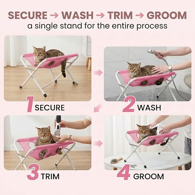 Pet Bathing Hammock, Foldable 8-Hole Grooming Stand for Small Pets (Pink) | Easier Pet Bathing, Less Scratches and Bites, Sturdy Frame Quick-Dry Mesh, Ideal for Dogs & Cats, Nail Trimming and Grooming