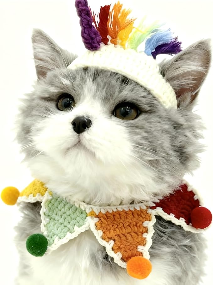 Cat Costume,Unicorn Dog Costume,Handmade Knitted Rainbow Dog Outfit,Cat Birthday Clothes,Pet Cloth for Cats and Small to Medium Dogs, Party, Holiday, Daily Wear & Photos