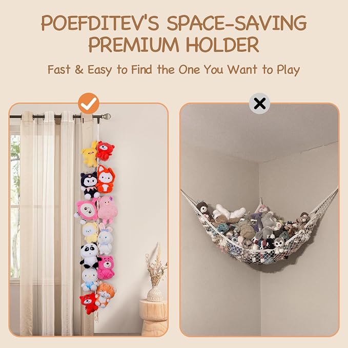 2 Pack Stuffed Animal Storage Chain Boho Room Decor, Hanging Stuffed Animal Holder with 20 Metal Clips, Macrame Plush Toy Corner Organizer for Kids Baby Nursery Bedroom Playroom Wall Decor