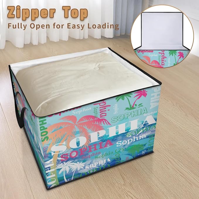 Personalized Name Foldable Storage Basket Cubes with Lid, Laundry Hamper Dirty Clothes Storage Bin with Handles for Shelf Home Closet Kitchen, Painted Blue Butterflies with Pink Green Tropical Trees