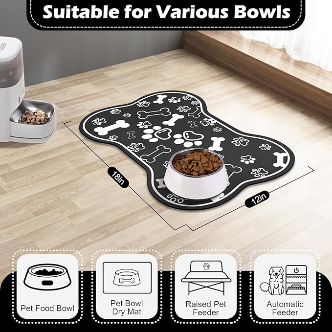 Voanos Dog Cat Food Mat,Rapid AbsorbentPet Feeding Mat, Bone Shaped Dog Placemat Water Bowl Mat with Rubber Backing,No Stains Dog Cat Food Mats Indoor, Pet Accessories Supplies 12""x18"" Black