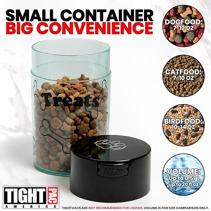 Tightpac Pawvac 1 to 6 Ounces Container, Airtight Pet Food and Treats Storage Jar - Patented Vacuum Seal Container for Pet Food, Treats and other Dry Goods - Clear with Treats