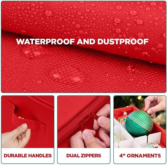 Christmas Ornament Storage Container with Dividers - Box Stores Up to 96 Ornaments, Zippered, Convenient, Adjustable, Large Organizer Bin to Protect Holiday Décor, Fits Most Standard Size, Red
