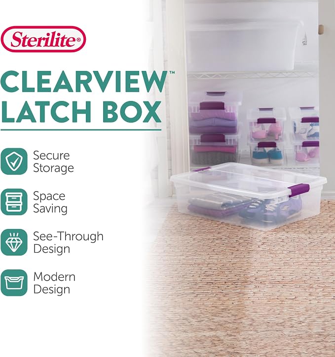 Sterilite ClearView Latch Boxes, Storage Bins with Lids, 32 Quart, 12-Pack | Clear Plastic Organizers with Color Accent Latches for Closet, Bedroom, Shelving Units, Dorm Room and Home Organization