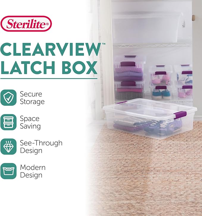 Sterilite ClearView Latch Boxes, Storage Bins with Lids, 32 Quart, 18-Pack | Clear Plastic Organizers with Color Accent Latches for Closet, Bedroom, Shelving Units, Dorm Room and Home Organization