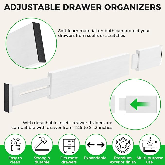 4 Pack Bamboo Drawer Dividers Organizer with Inserts 2.6'' High | Expandable from 12.5-21.7", Adjustable Drawer Organizer Separators for Utensils, Clothing, Office, Dresser, Bedroom, (White)
