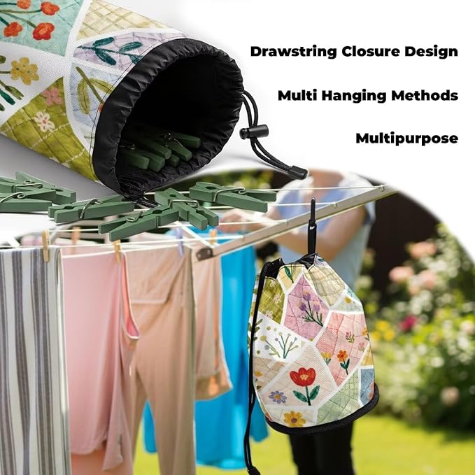 Clothespin Bag Holder Outside, Patchwork Floral Print Multiple Hanging Methods Clothes Pin Bag with Drawstring Closure, Large-Capacity Clothespin Storage Organizer with Hooks