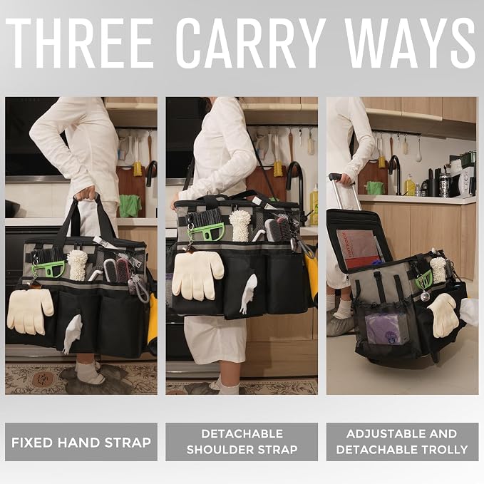 SCAVATA Rolling Cleaning Caddy Bag with Detachable Trolley, Large Cleaning Supplies Organizer with Wheels, Multi-Pocket Cleaning Cart with Adjustable Shoulder Strap for Housekeepers (WarmGrey)