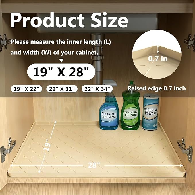 Mateeylife Under Sink Mat Kitchen Waterproof, Silicone Sink Tray 28"X19" | Under Sink Organizer Cabinet Shelf Protective Liner, Multi-use Silicone Mat for Boot Tray & Litter Mat, Khaki
