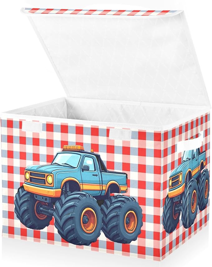 Cartoon Truck Fabric Storage Bins with Lid Closet Storage Basket 40L | Decorative Storage Boxes, Dust-Proof Flip Top, Reinforced Handles, For Home & Bedroom, Clothes & Toy Box, Cartoon Print