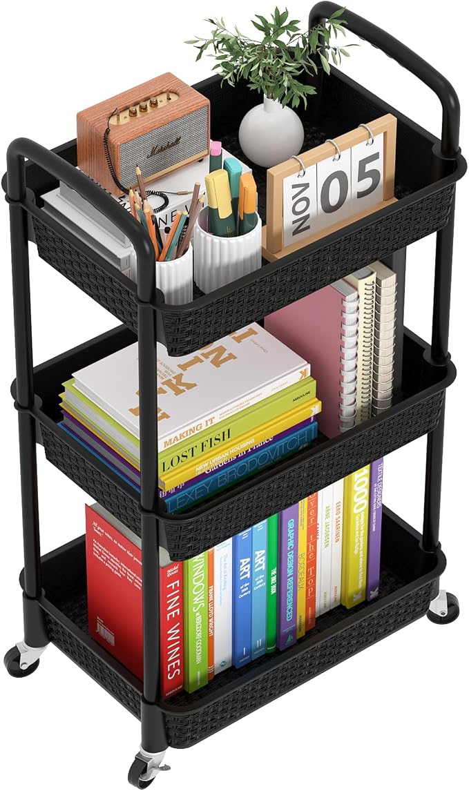 MOYIPIN 3-Tier Plastic Rolling Utility Cart with Handle,Black | Utility Storage Cart for Office, Living Room, Kitchen,Movable Storage Organizer，Easy installation，Rattan-like art design