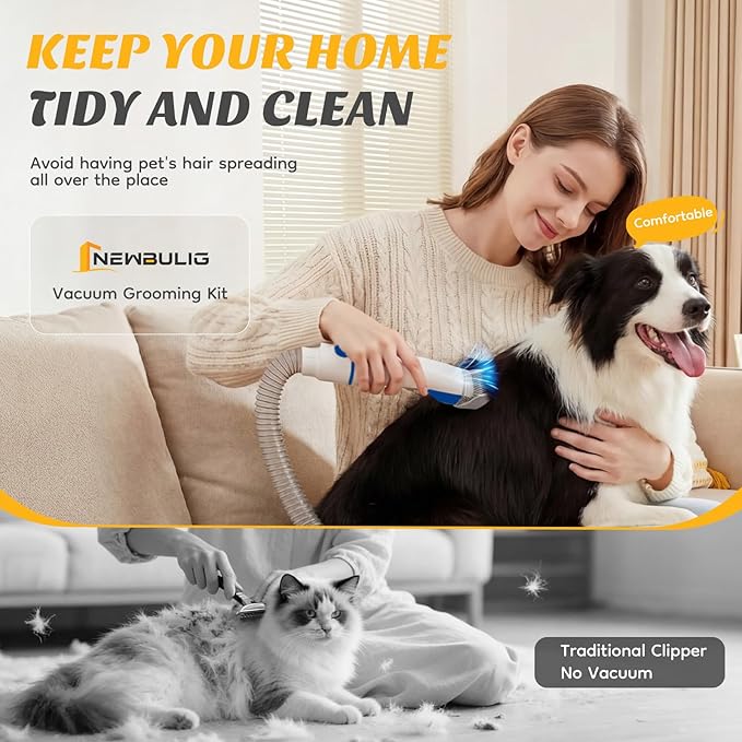 NEWBULIG 5-in-1 Pet Grooming Vacuum Kit, 2.5L Dust Cup, 3 Suction Modes and 5 Groomer Tools, Dog Clippers with Cordless Low Noise for Cats, Dogs Other Animals Hair Trimmer