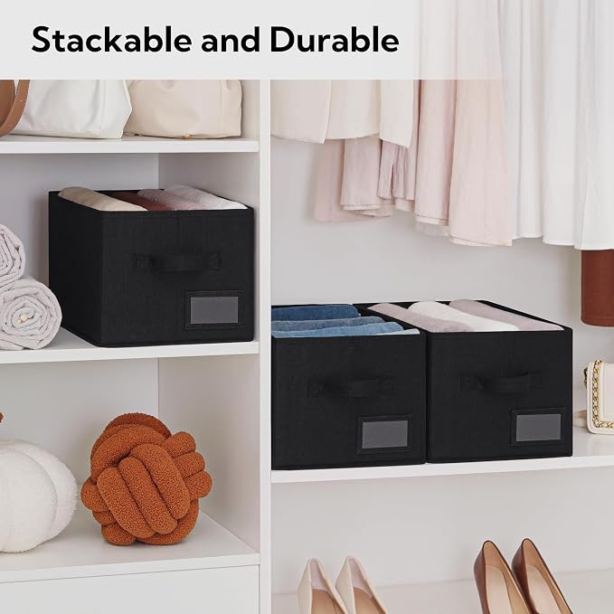 GRANNY SAYS Closet Storage Bins with Label, Black, Medium, 3-Pack | Foldable Storage Baskets, Fabric Storage Baskets for Clothes, Collapsible Storage Boxes with Handles