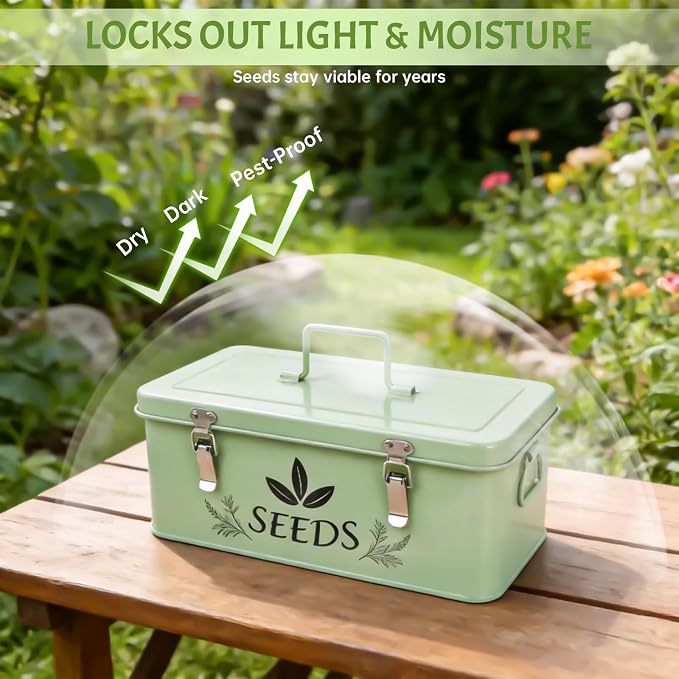 Spring Seed Storage Organizer | 3-Compartment Metal Seed Box with Locking Lid | 18 Wide-Mouth PET Vials, 30 Envelopes, 500+ Labels | Portable Seed Bank & Gift (Mint Green)
