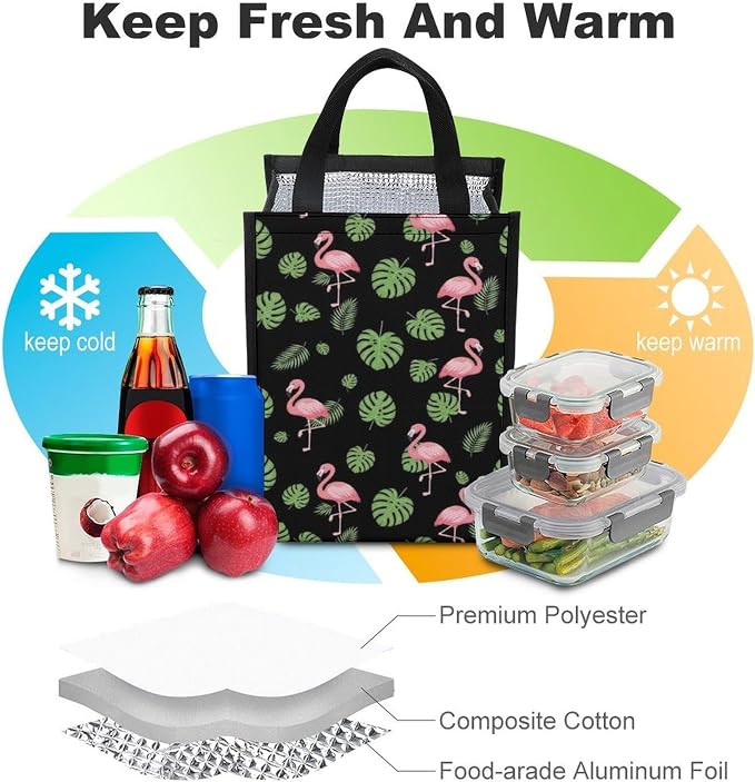 Reusable Insulated Lunch Bags, Compatible with Tropical Palm Tree Leaves Banana Green Leaf Cute Retro Flamingo Lunch Box Container Bag Portable Travel Picnic Thermal Cooler Totes