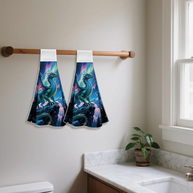 CUTHOLLOW Aurora Dragons Hanging Kitchen Towels with Loop, Set of 2 - Soft & Super Absorbent Microfiber Decorative Hanging Dish & Hand Towel, Tea, Coffee Towel for Kitchen Bathroom Oven Handle