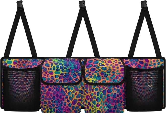 Dreaweet Rainbow Leopard Print Trunk Organizer for Car Women Collapsible Car Trunk Storage Organizer with 4 Pockets Backseat Hanging Organizer for SUV Truck Minivan Auto Accessories Interior