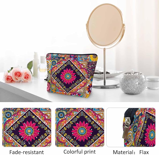 Women Makeup Organizer Bag Mandala Floral, Colorful Ethnic Mandala Flower Patchwork Flax Cosmetic Bag Makeup Bags Toiletry Bag Accessories Organizer Travel Bags For Home Bathroom Office Hotel