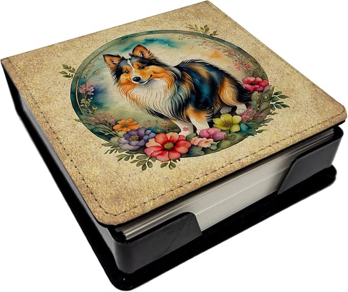 Caroline's Treasures Sheltie and Flowers PU Leather Note Paper Holder with Artist-Designed Cover, Desk Accessory, Office Gift