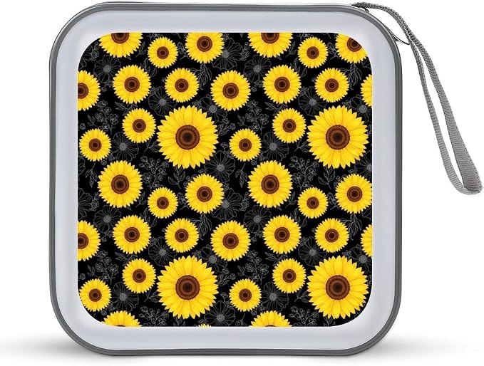 Portable 40-Disc CD Storage Binder Floral Sunflower Black, Hard Case Wallet with Handle, Protective Organizer for Movies Music Travel