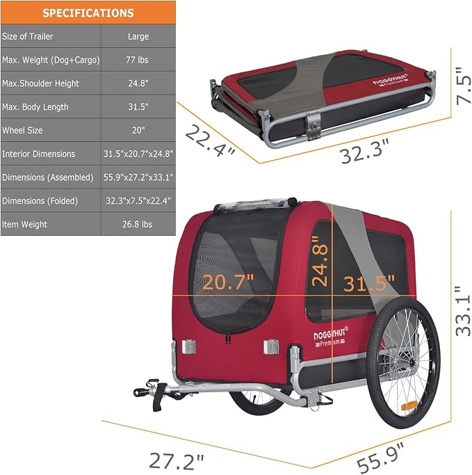 DOGGYHUT® Premium Large Pet Bike Trailer Up to 77 lbs (Red) | Bicycle Trailer for Small Medium or Large Dogs, Dog Bicycle Carrier, Low Center of Gravity, Folding Frame Cart