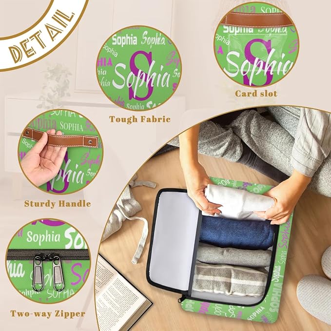 Custom Storage Baskets for Kids with Name, Light Grass Green Background Large Foldable Organizer Collapsible Storage Bin with Zipper Lid Leather Handle for Home Toys Closet Nursery