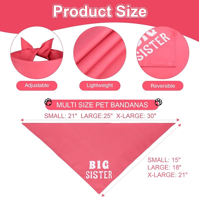 Big Sister Dog Bandana Pink Small 1PCS, Adjustable Triangle Scarf | Pregnancy Announecment, New Baby for Family.