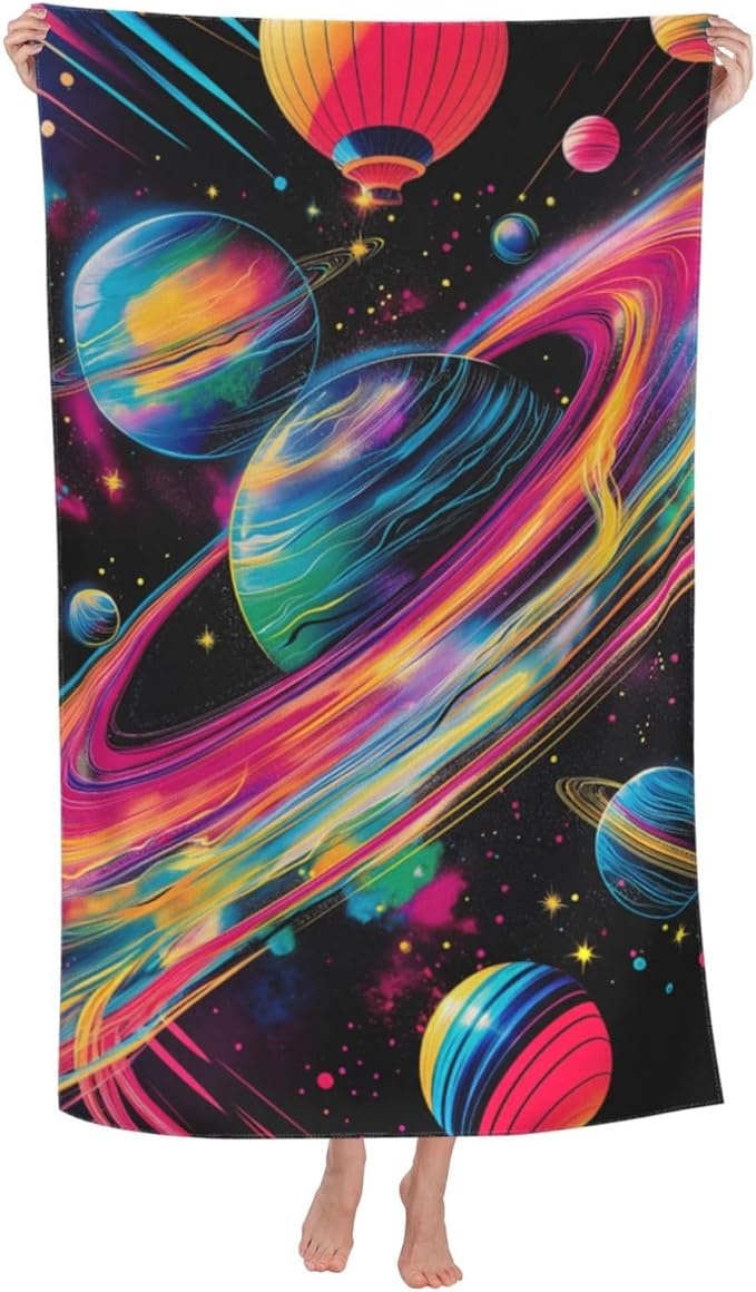 Cosmic Planets Beach Towel 31inx51in, Galaxy Sand-Free Microfiber Bath Towel Ultra Soft Quick Dry Pool Towel Absorbent Towel Lightweight Towel for Swimming Bathroom Decor