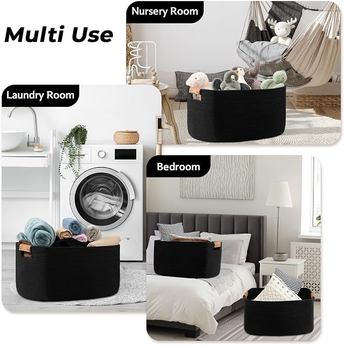 danpinera Large Blankets for Living Room, 72 L Woven Cotton Rope Baskets for Storage, Organizing Kids Toys & Dog Toys, Large Basket Organizer for Nursery, Bedroom, Bathroom, 22’’*17’’*11.8’’ Black
