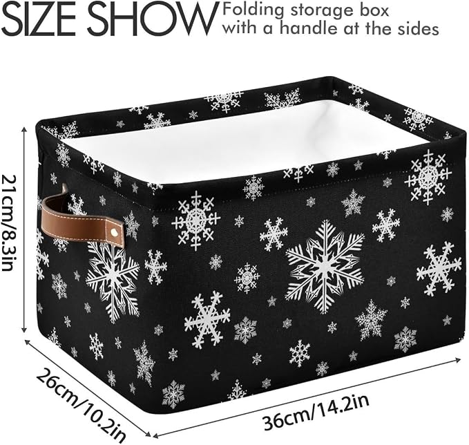 Winter Snowflake Black Storage Basket Fabric Kitchen Baskets Christmas Holiday Open Home Storage Bins Boxes Foldable Organizer Bag for Baby Cloth Xmas Baskets 16×12×8 Inches 2 Pack